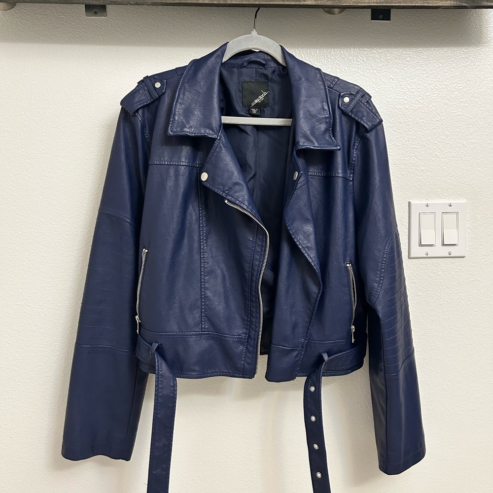 Dark Blue Faux Leather Jacket